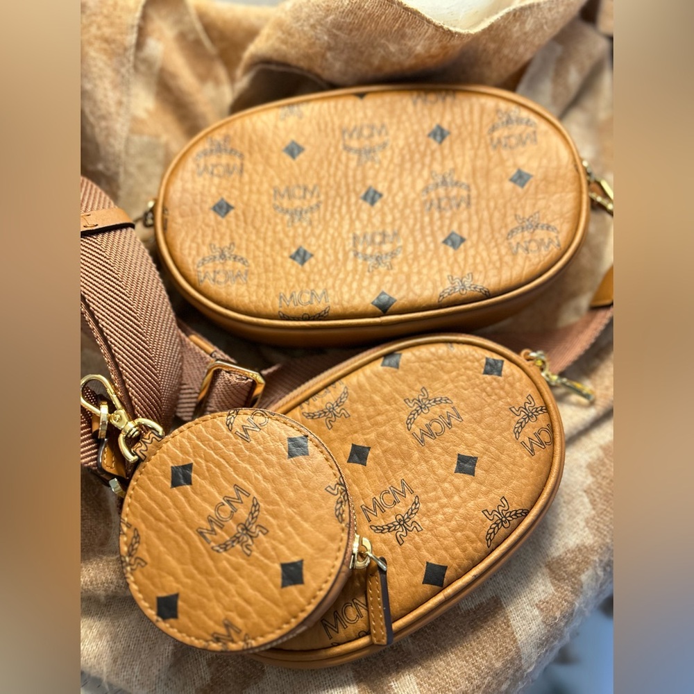 MCM Triple Pouch Signature Visetos Crossbody in Cognac